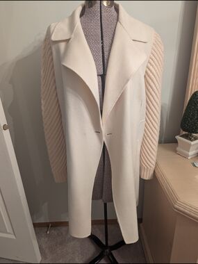 Vince Cream Wool Blend Coat with Knitted Sleeves